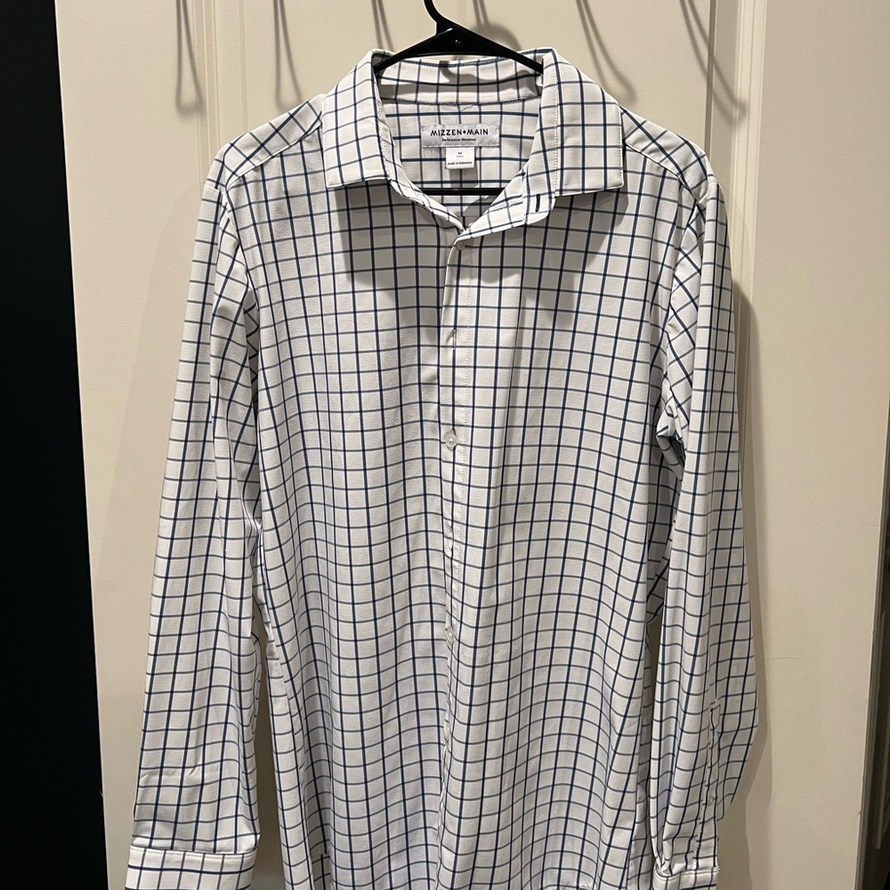 Mizzen + Main white and blue grid button down, Medium